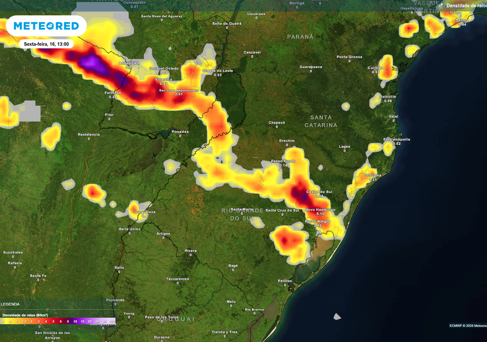 Previsão de tempestades nesta sexta-feira (16), de acordo com o ECMWF.