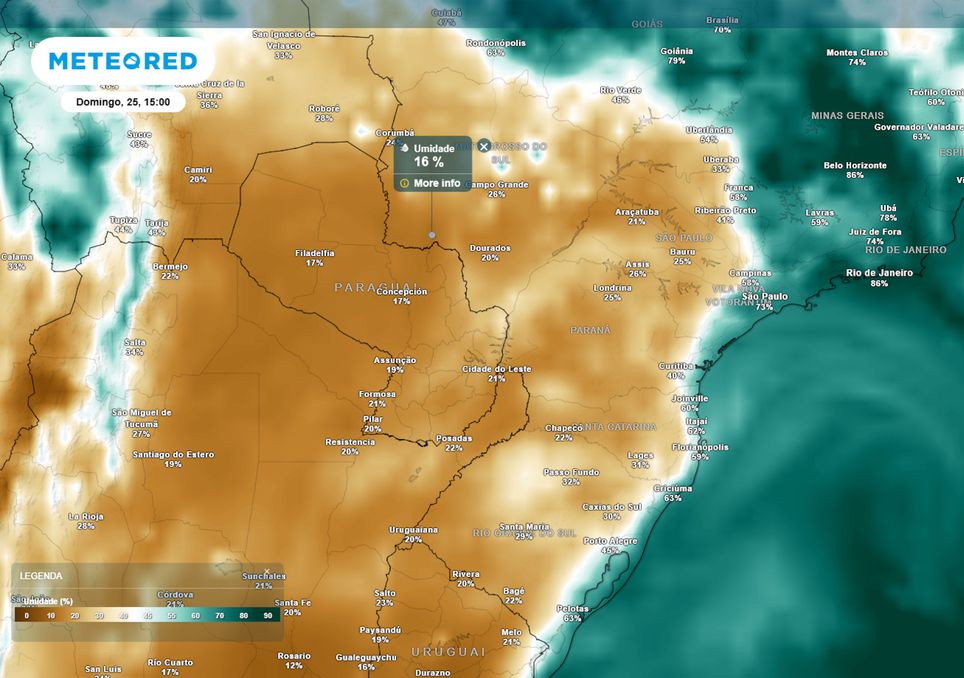 Previsão de umidades relativas mínimas no centro-sul do Brasil durante o domingo de tarde.