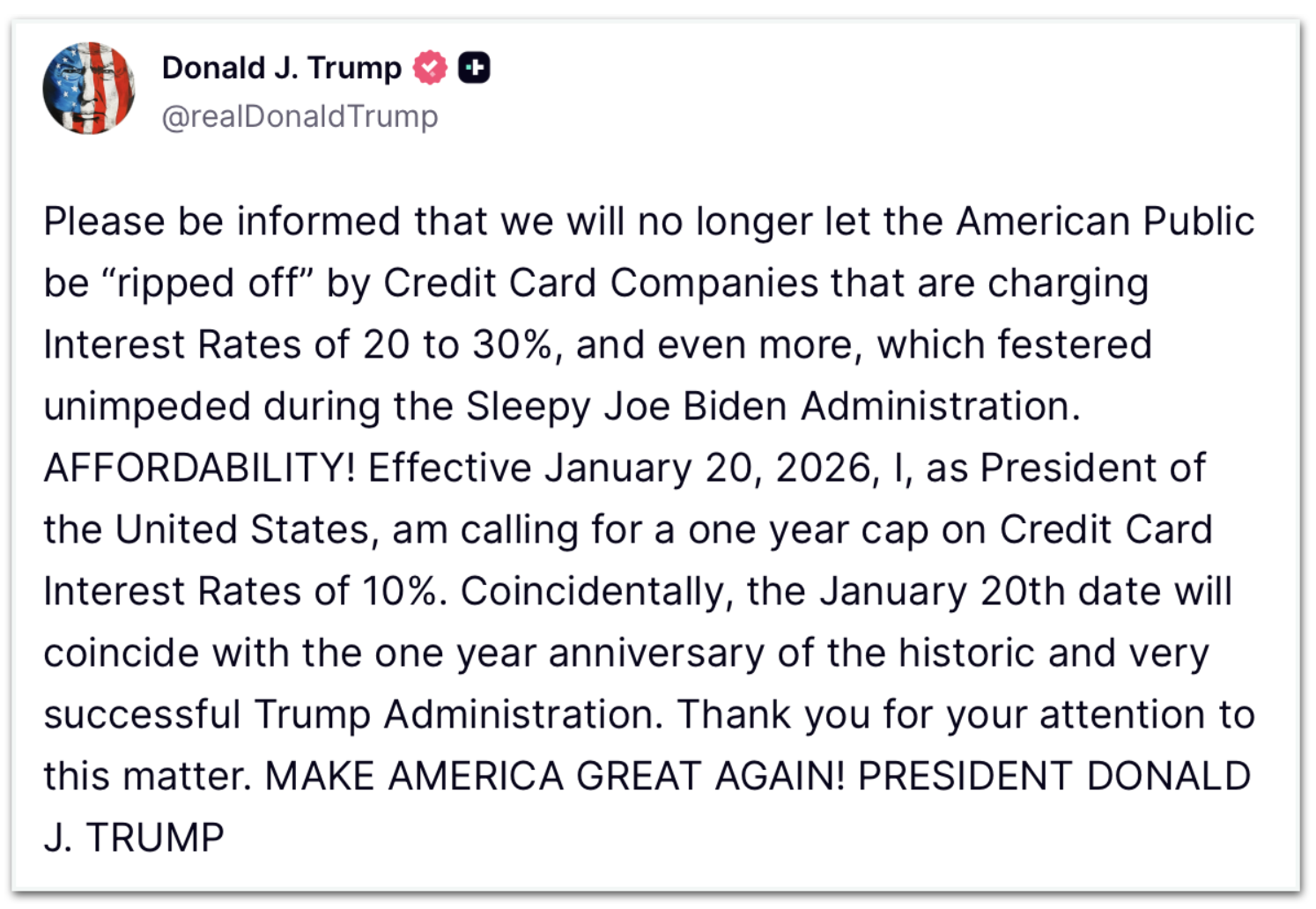 Trump anuncia teto de juros para o cartão de crédito