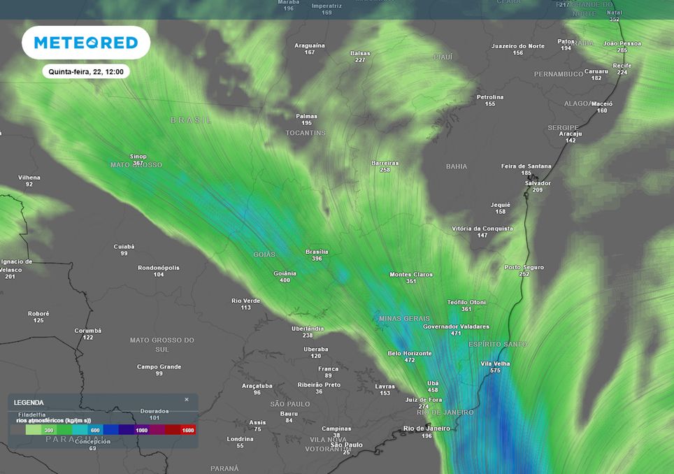 Previsão de rios atmosféricos na quinta-feira ao meio-dia.