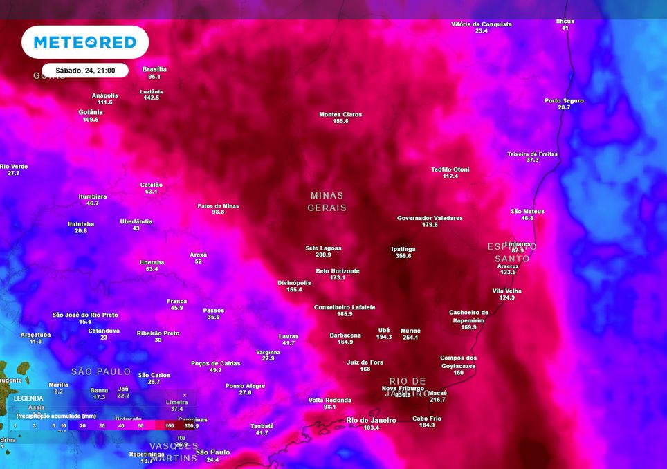 Destaque da previsão de acumulados totais de chuva até o sábado.