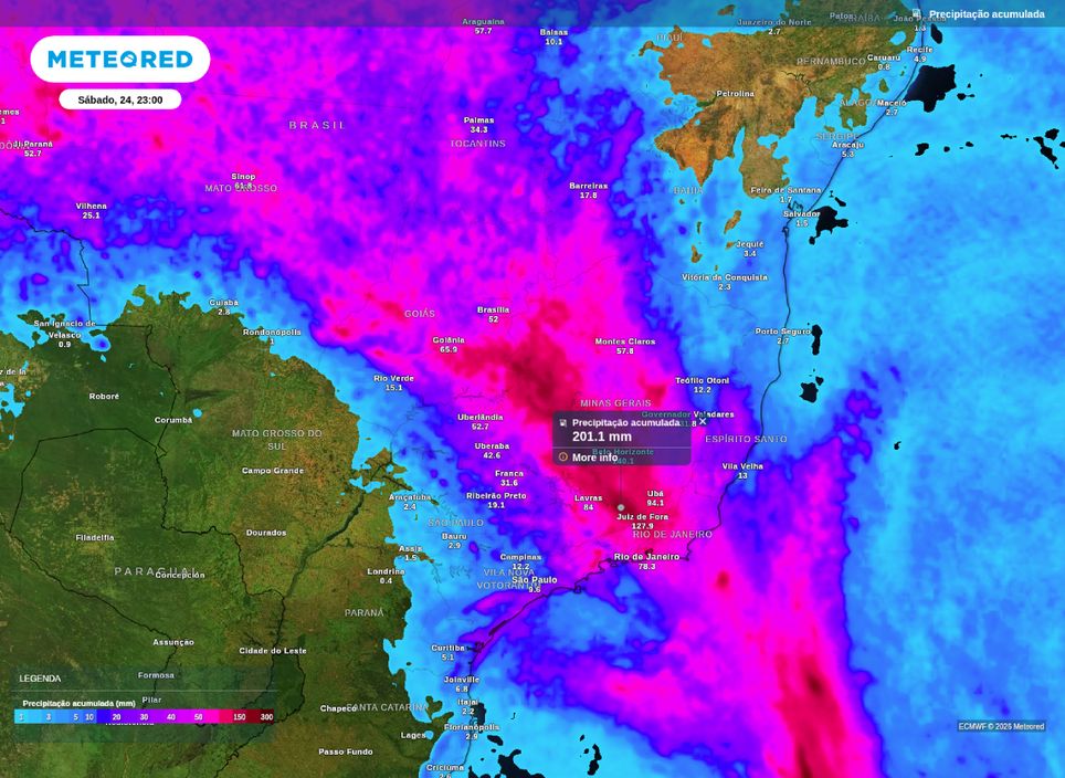 Precipitação acumulada prevista para até o final da noite de sábado (24). Precipitação acumulada prevista para até o final da noite de sábado (24).