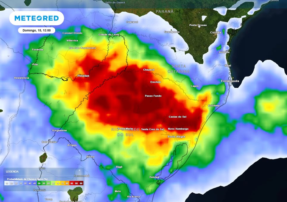 Previsão de probabilidade de chuvas no domingo durante a tarde.