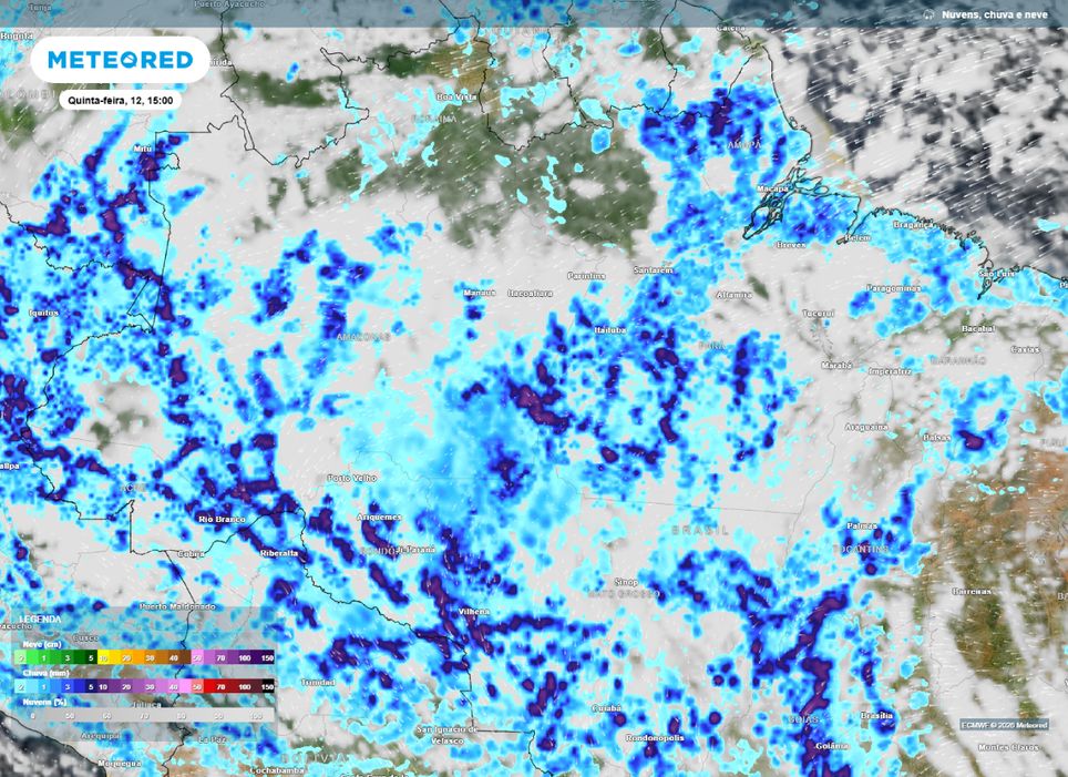 Mapa de chuva prevista para a tarde desta quinta-feira (12), segundo o modelo ECMWF.
