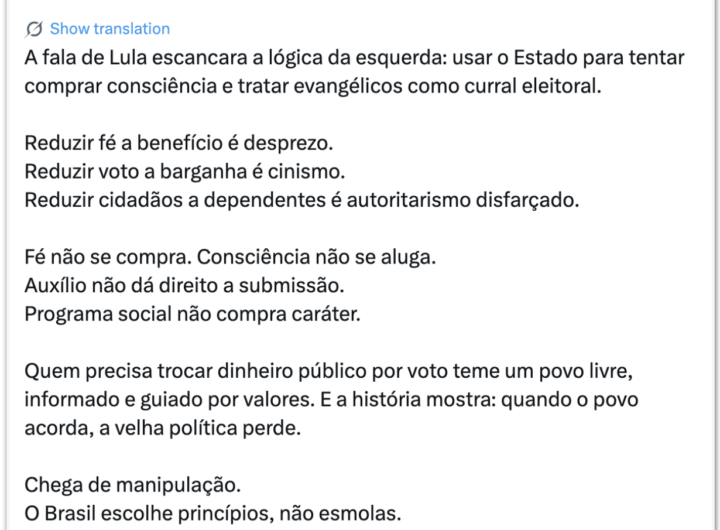 Esquerda trata evangélicos como “curral eleitoral”, diz líder do PL