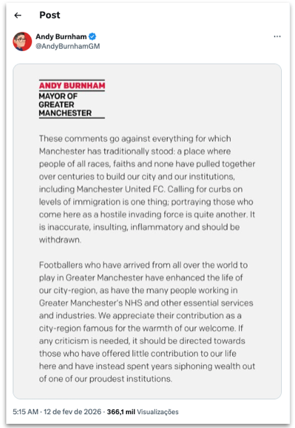 Publicação de Andy Burnham, prefeito trabalhista da Grande Manchester