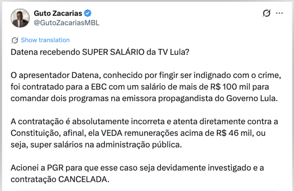 Publicação de Guto Zacarias sobre o super salário do apresentador Datena