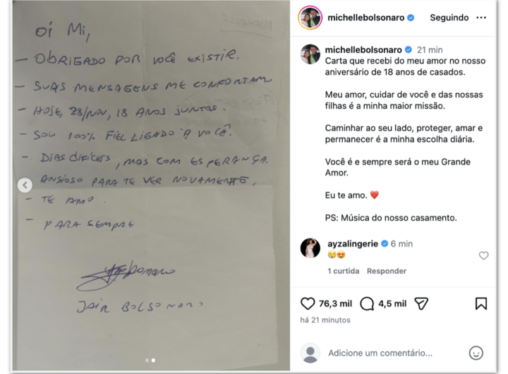 Bolsonaro faz carta de aniversário de casamento para Michelle
