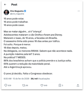 “O povo já decidiu” sobre redução da maioridade penal, diz Ciro