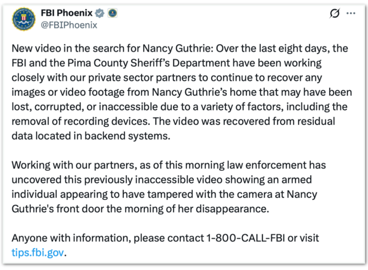 FBI divulga vídeo de suspeito no desaparecimento de Nancy Guthrie