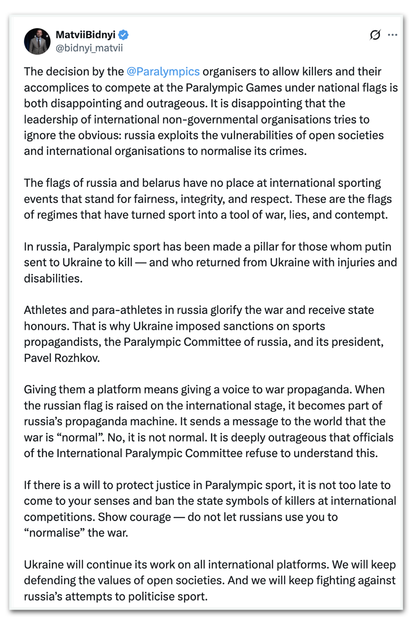 Matvii Bidnyir eage à participação russa nos Paralímpicos de Inverno