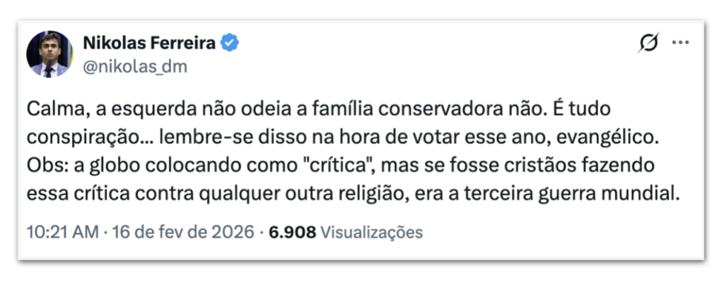 Nikolas ironiza ala sobre conservadores em desfile pró-Lula