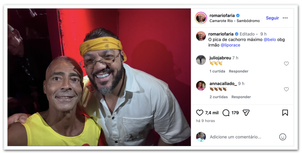 Romário e Belo em publicação do Instagram do senador e ex-jogador