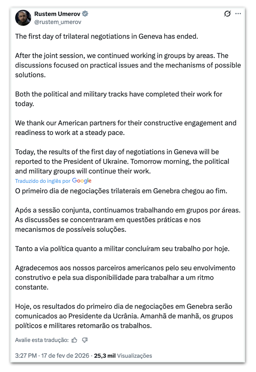 Publicação de Rustem Umerov sobre o primeiro dia de negociações trilaterais em Genebra.