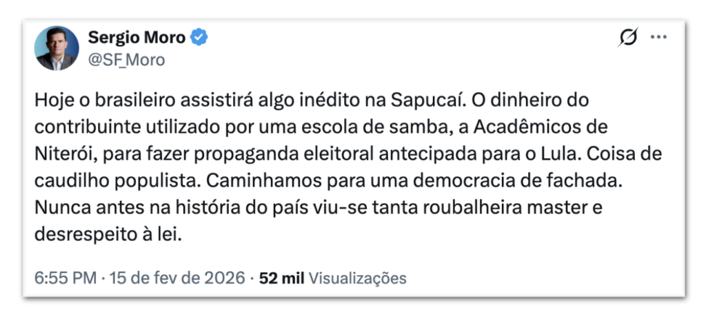 Moro critica desfile que homenageia Lula no Carnaval do Rio