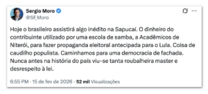 Moro critica desfile que homenageia Lula no Carnaval do Rio