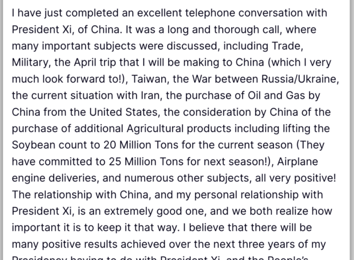 Taiwan vê telefonema entre Trump e Xi como sinal de estabilidade regional