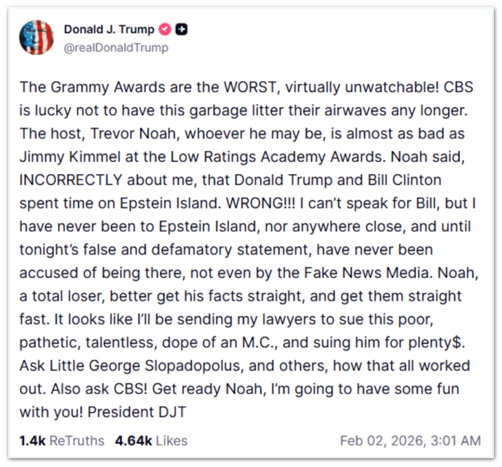 Trump critica Grammy e fala em processar apresentador
