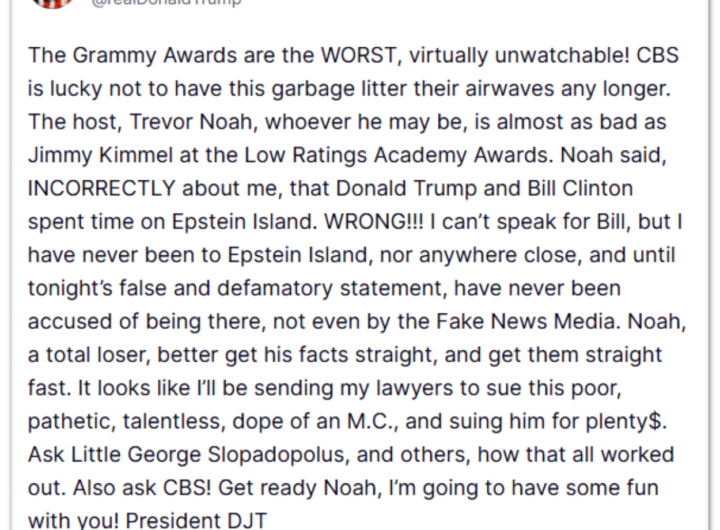 Trump critica Grammy e fala em processar apresentador