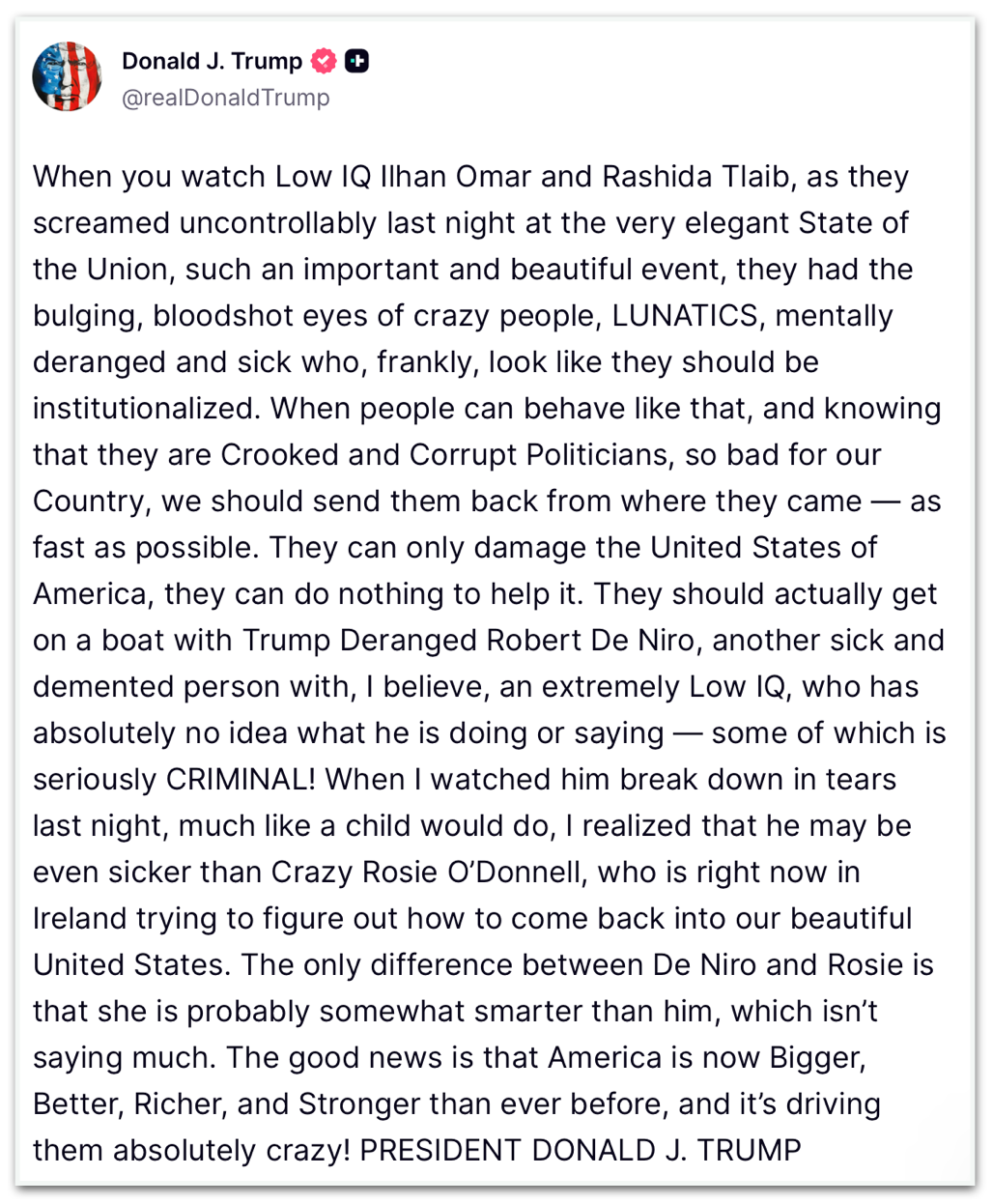 Publicação de Donald Trump sobre as deputadas muçulmanas 