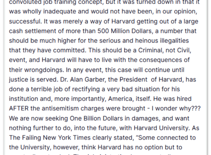 Trump diz que vai exigir US$ 1 bilhão em indenização de Harvard