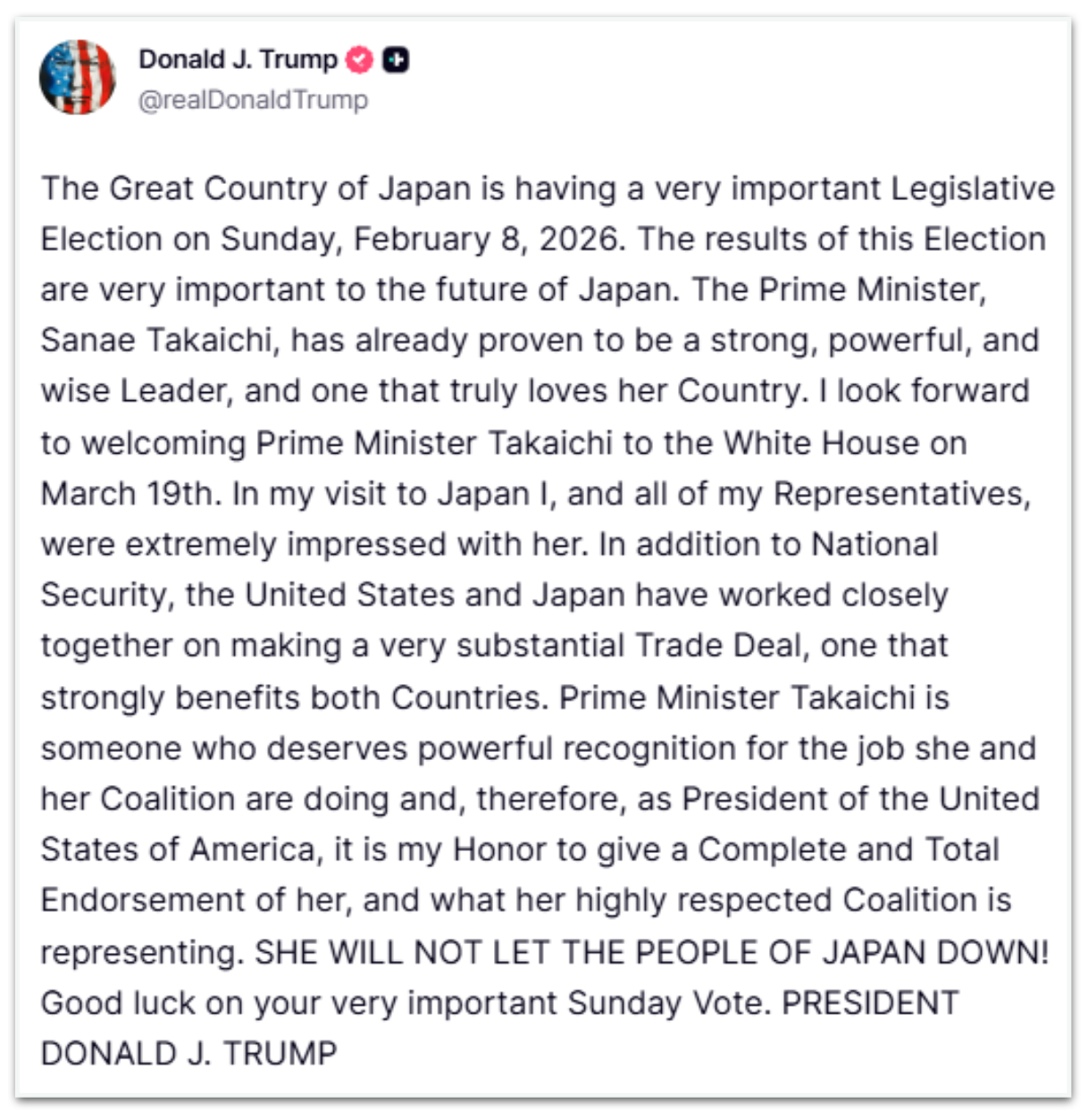 Publicação de Donal Trump, em seu perfil na Truth Social, declarando apoio a atual Primeira Ministra do Japão, Sanae Takaichi