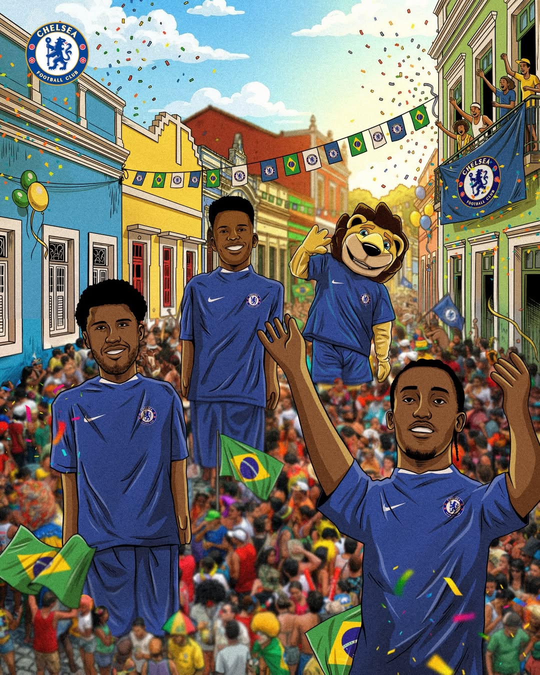 Os jogadores brasileiros do Chelsea João Pedro, Andrey, Estevão e o mascote do clube, o Leão, na versão do boneco de Olinda