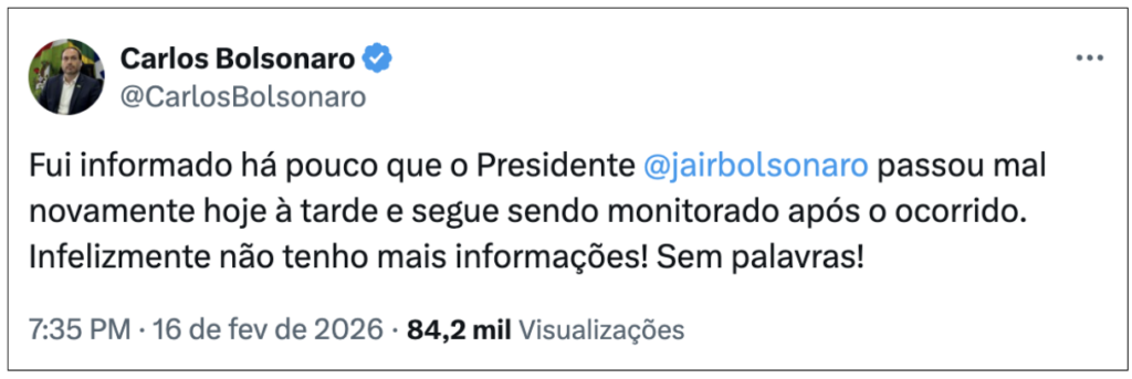 Bolsonaro passa mal e segue monitorado, diz Carlos