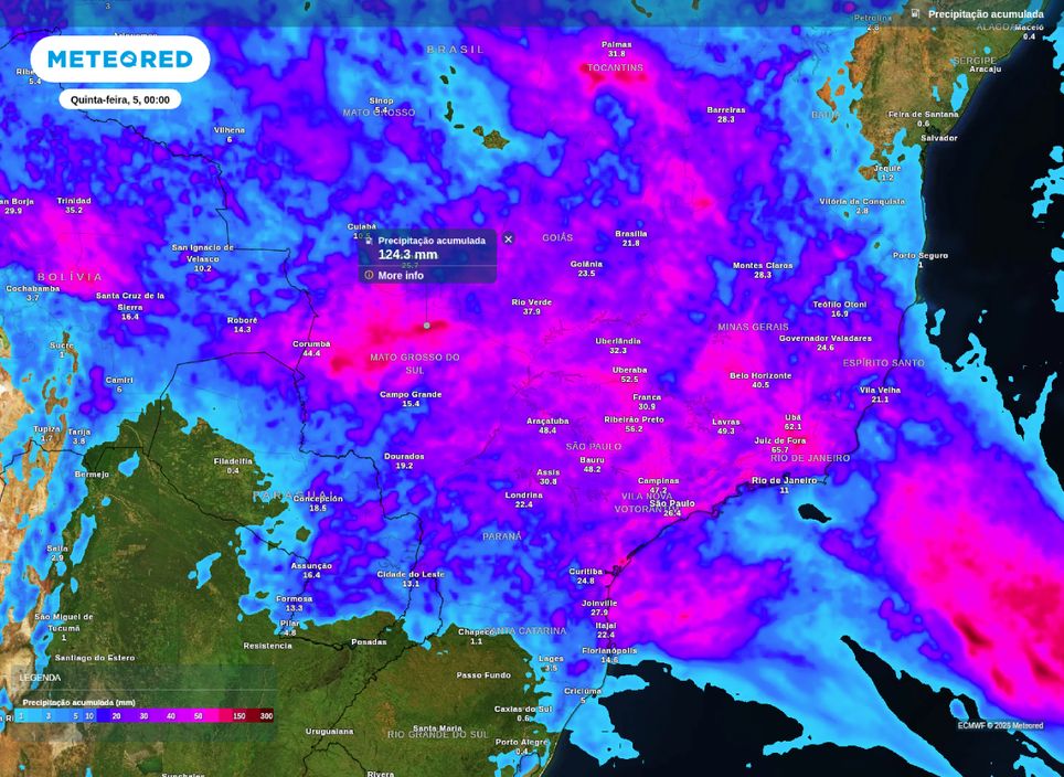 Precipitação acumulada até o final da noite de quarta-feira (4).