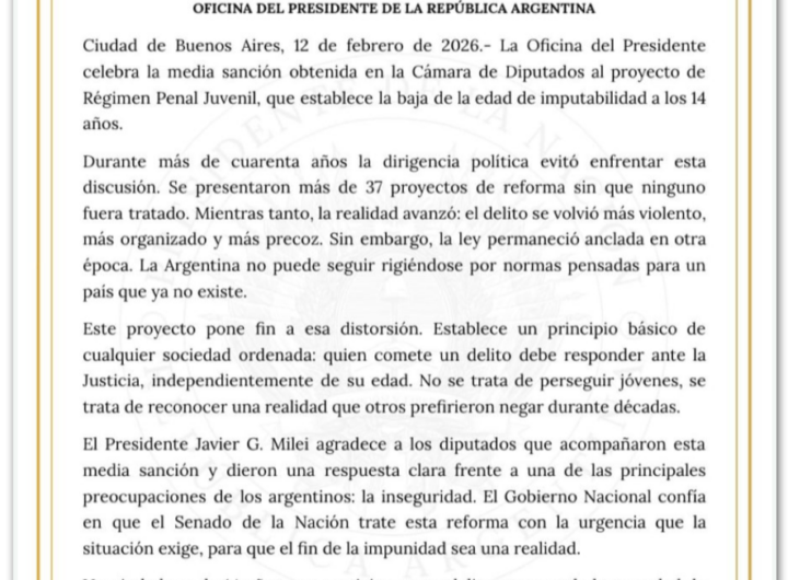 Câmara argentina reduz maioridade penal de 16 para 14 anos