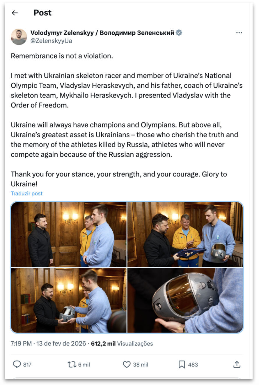 Zelensky homenageia atleta ucraniano banido dos Jogos de Inverno