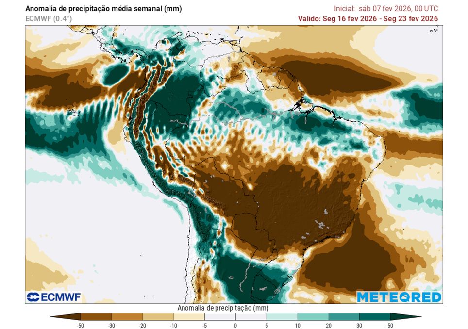 Previsão de anomalias de chuva entre os dias 16 e 23 de Fevereiro.