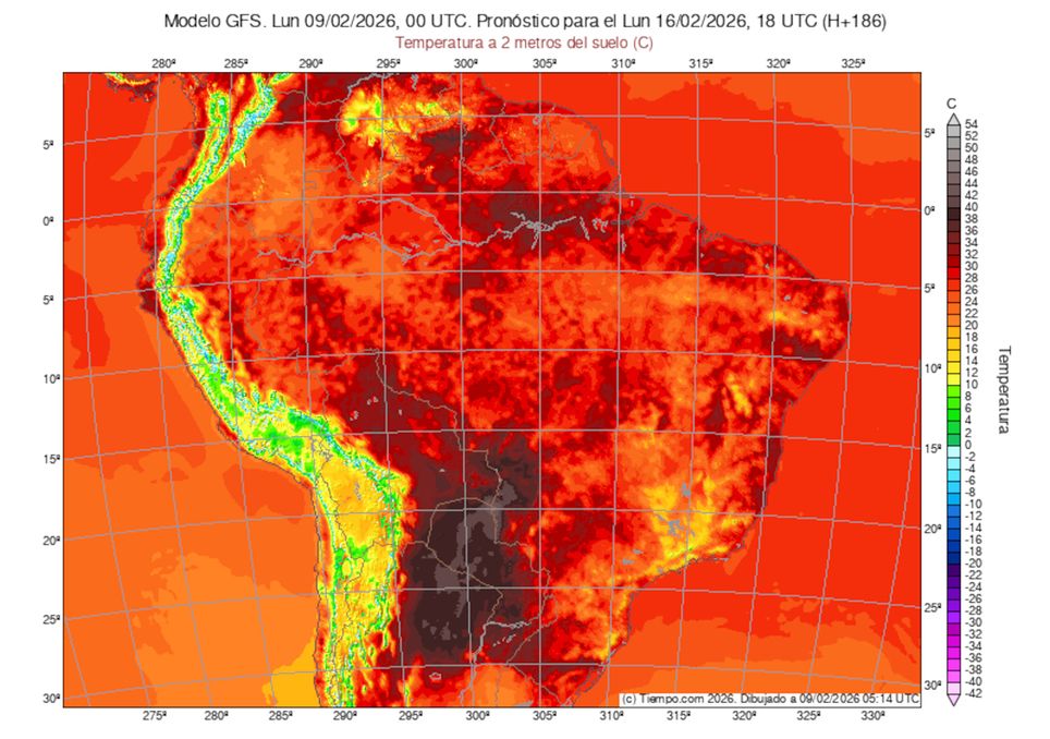 Previsão de temperaturas máximas na segunda-feira da semana que vem.