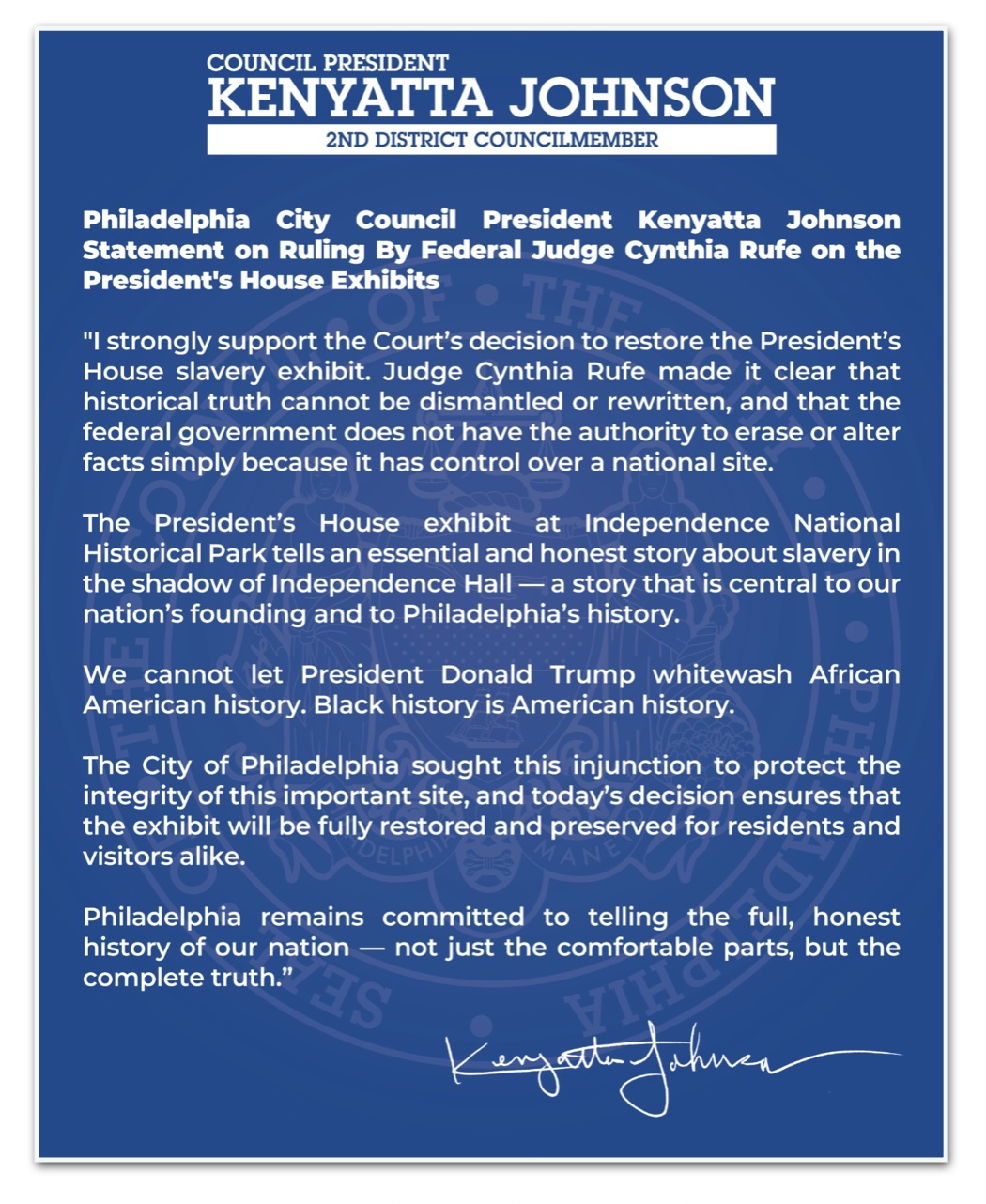 Comunicado do Kenyatta Johnson sobre decisão da juíza federal dos EUA