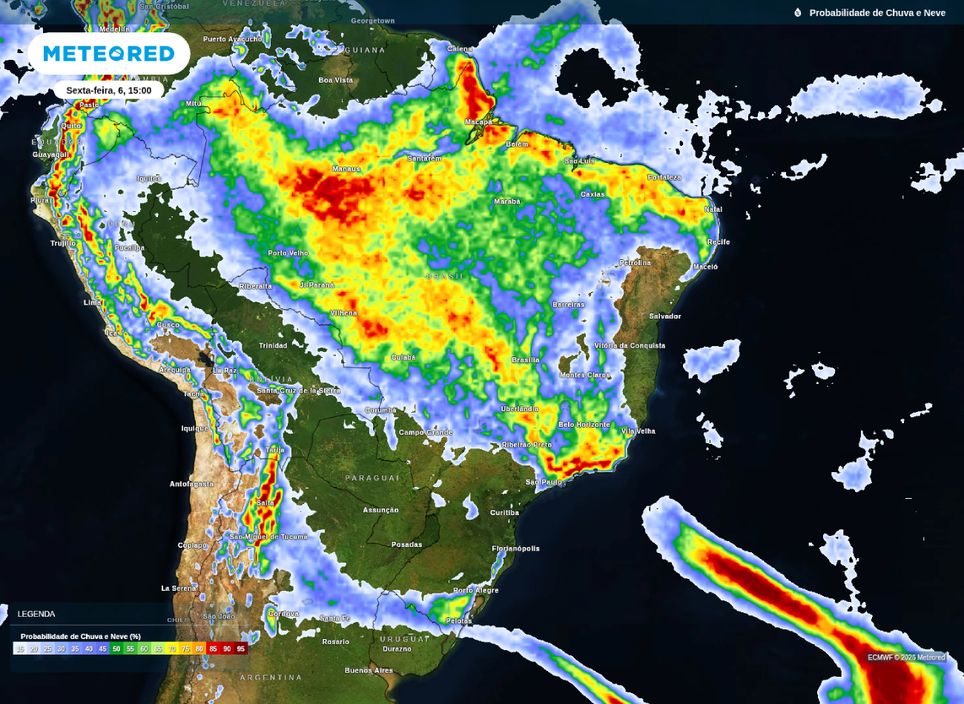 Possibilidade de chuva para a tarde desta sexta-feira (6), de acordo com o modelo ECMWF.