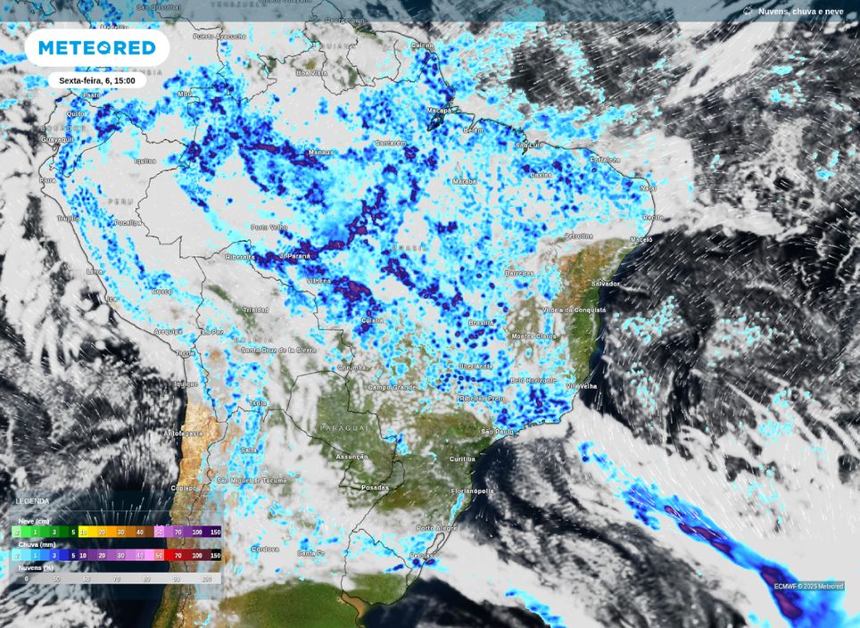 Previsão de chuva e nebulosidade para esta sexta-feira (6), de acordo com o modelo ECMWF.