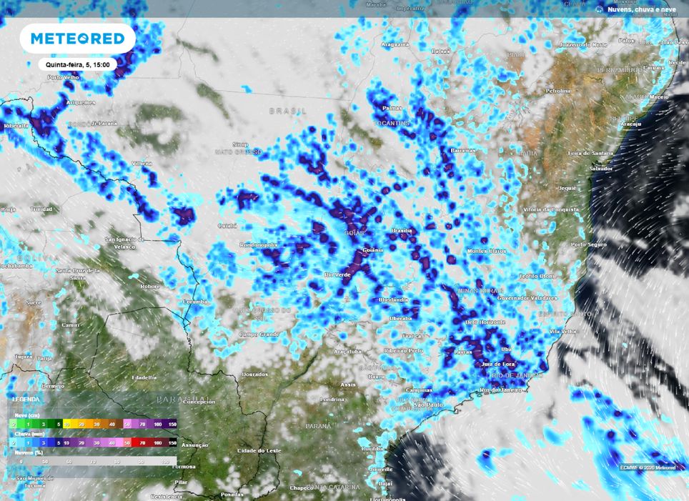 Previsão de chuva e nebulosidade para o Centro-Oeste e Sudeste do Brasil na tarde de quinta-feira (5).