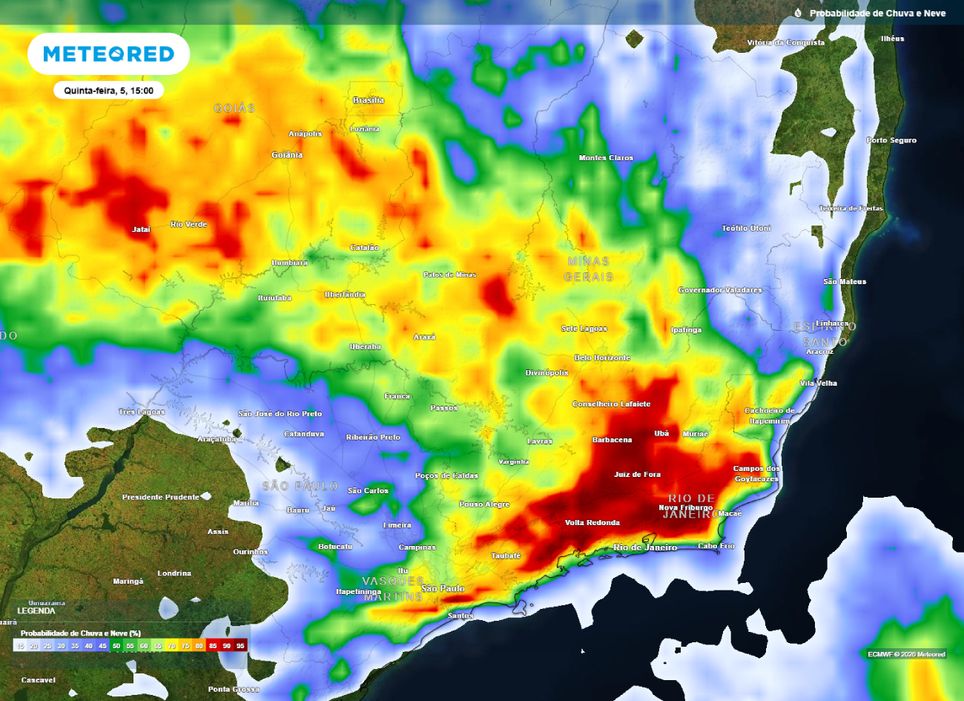Probabilidade de chuva para a tarde desta quinta-feira (5) sobre o Sudeste.