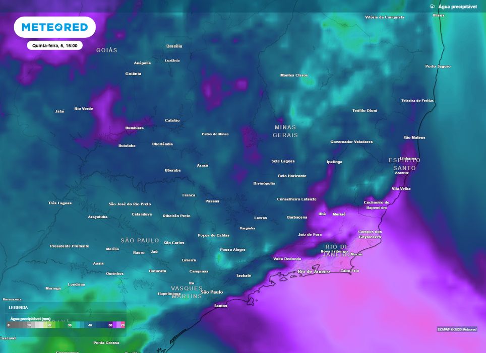 Água precipitável para o Sudeste na tarde desta quinta (5).