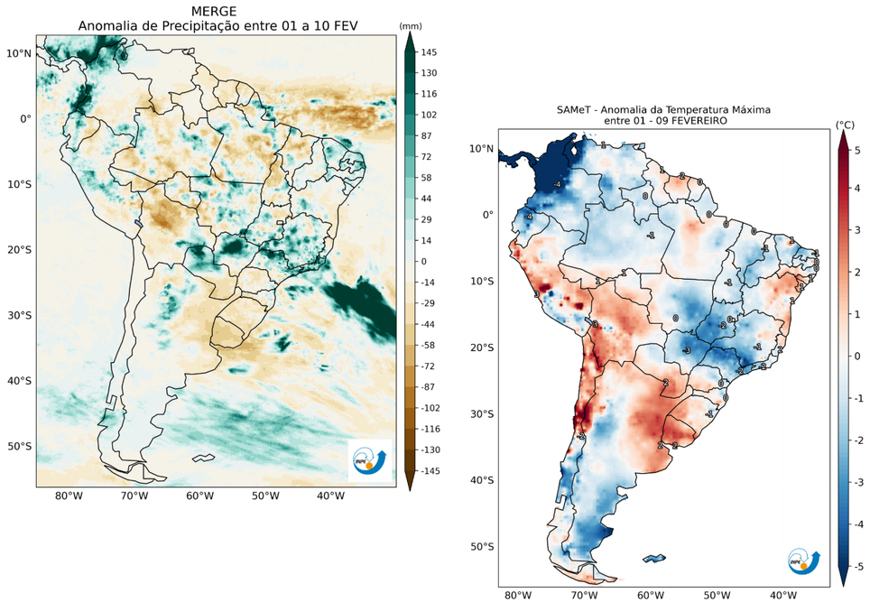 Anomalia de precipitação (mm, à esquerda) e de temperatura máxima (°C, à direita) entre 1 e 10 de fevereiro. Créditos: CPTEC/INPE.