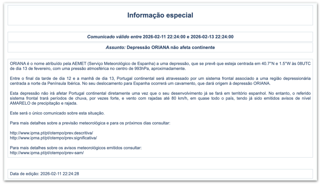 Comunicado IPMA (Instituto Português do Mar e da Atmosfera)