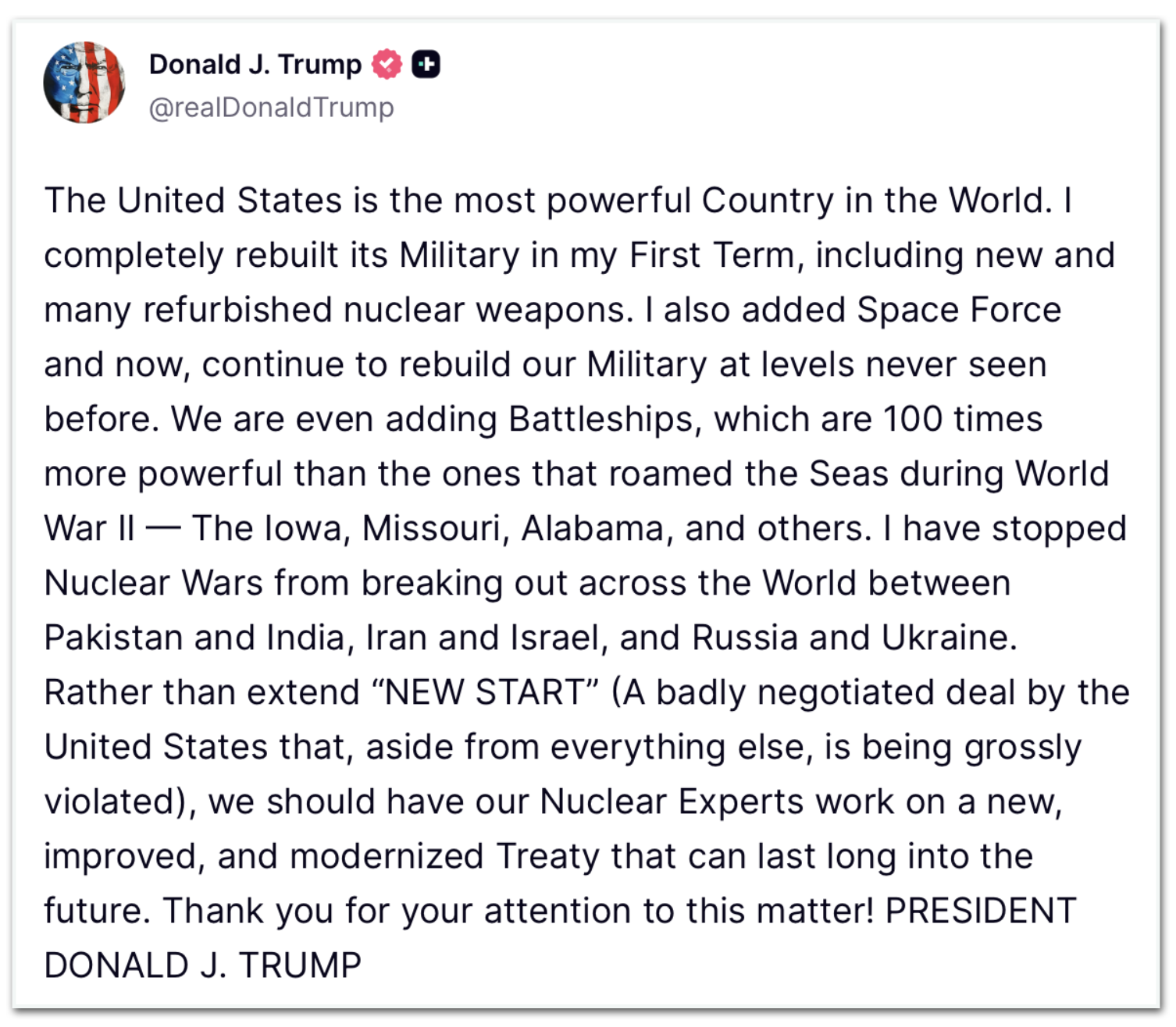 Publicação de Donald Trump, na Truth Social, sobre o New START