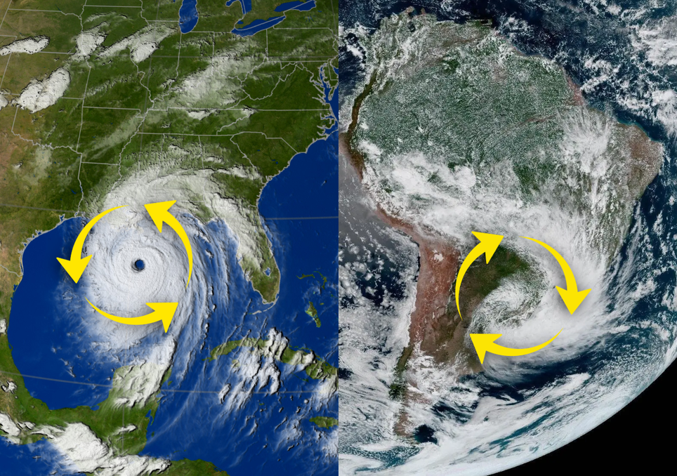 Representação do giro de um ciclone (neste caso, um furacão) no Hemisfério Norte (esquerda) e Hemisfério Sul (neste caso, um ciclone extratropical, direita). Créditos: Organizado por Ana Maria Pereira Nunes/Meteored, com imagens da NASA.