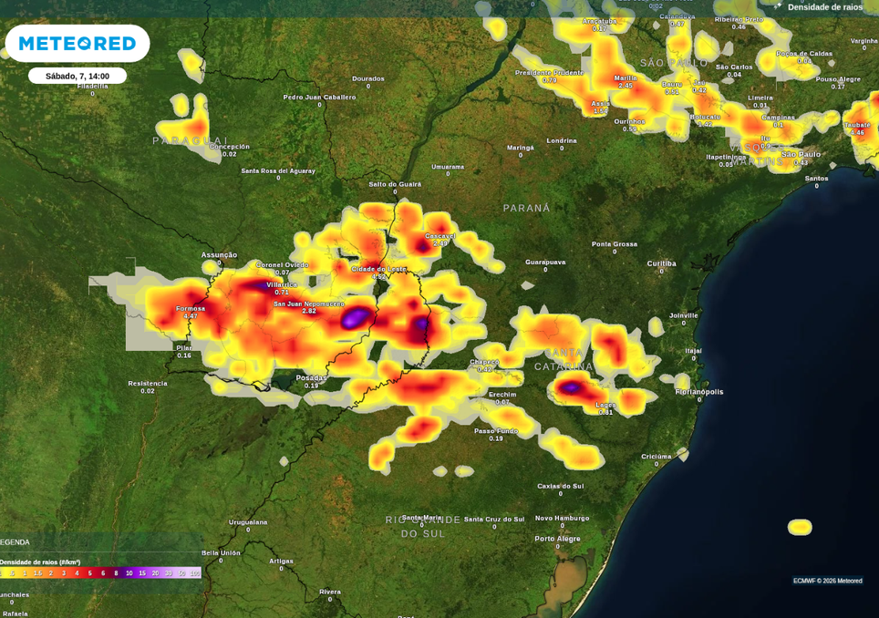 Previsão de tempestades neste sábado (7), de acordo com o ECWMF.