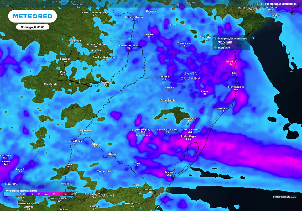 Previsão de chuva acumulada até o final do sábado (7), de acordo com o ECMWF.