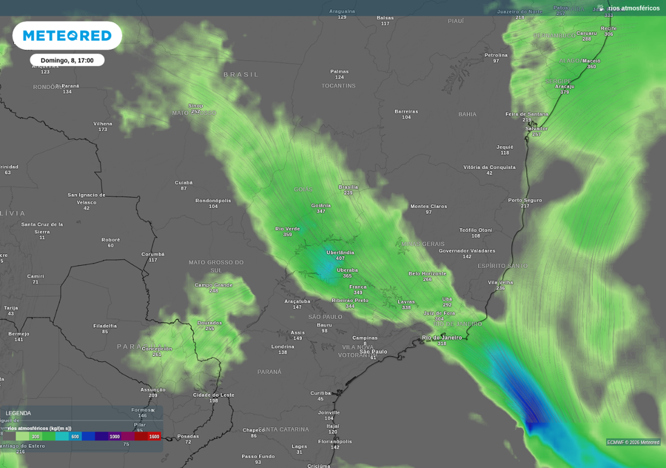 Previsão de rio atmosférico neste domingo (8), de acordo com o ECMWF.
