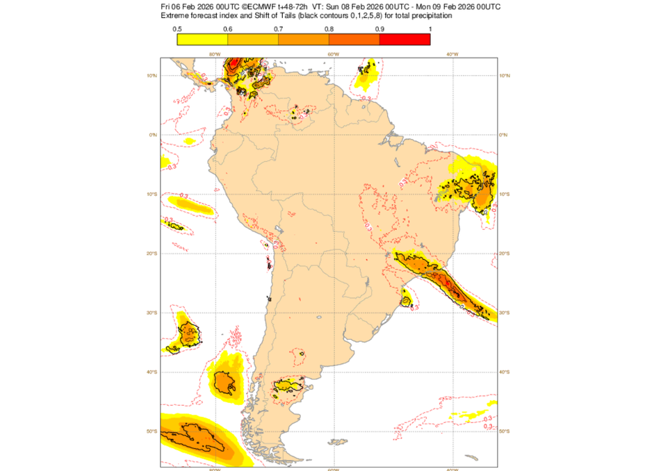 EFI do ECMWF para precipitação neste domingo (8) alerta para chuvas incomuns a extremas no Sudeste e também no Nordeste. Créditos: ECMWF.
