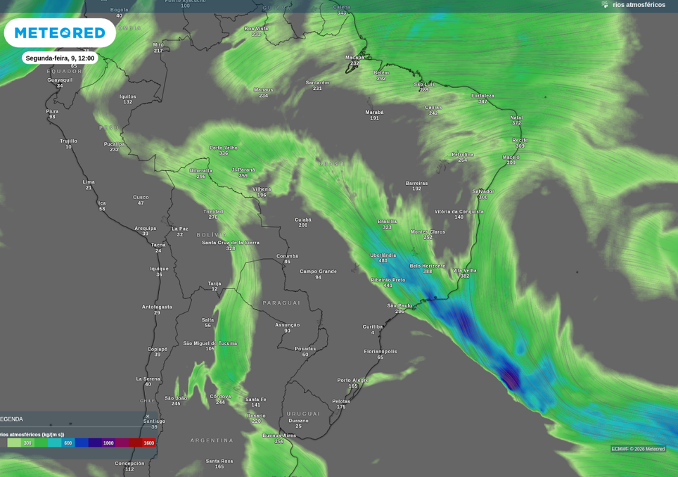 Previsão de rio atmosférico nesta segunda-feira (9), de acordo com o ECMWF.
