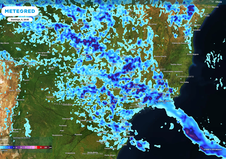 Previsão de chuva neste domingo (8), de acordo com o ECMWF.