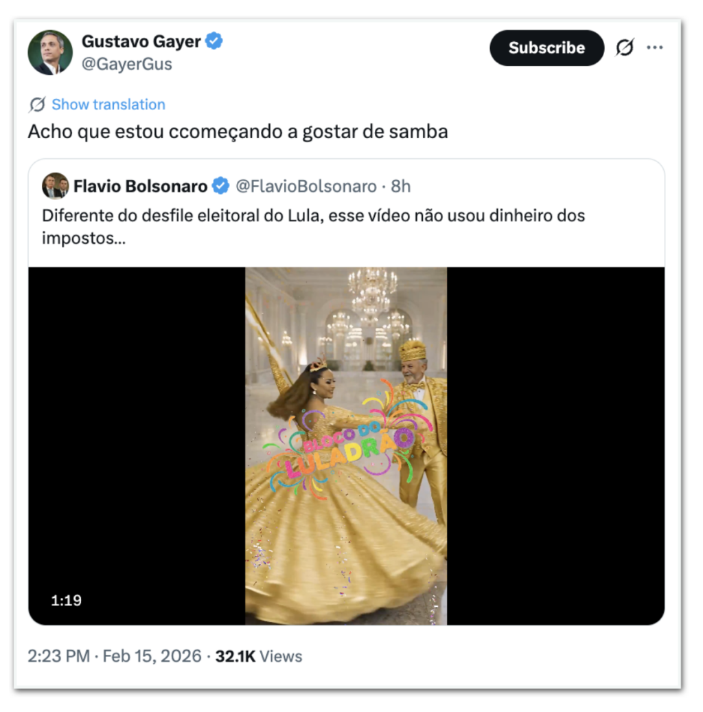 Oposição critica desfile em homenagem a Lula na Sapucaí